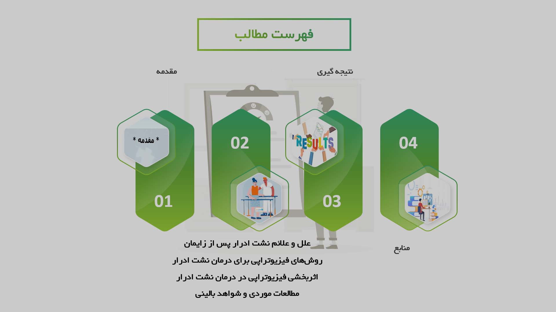 پاورپوینت در مورد اثربخشی فیزیوتراپی در درمان نشت ادرار پس از زایمان در زنان مبتلا به بیماری‌های لگنی